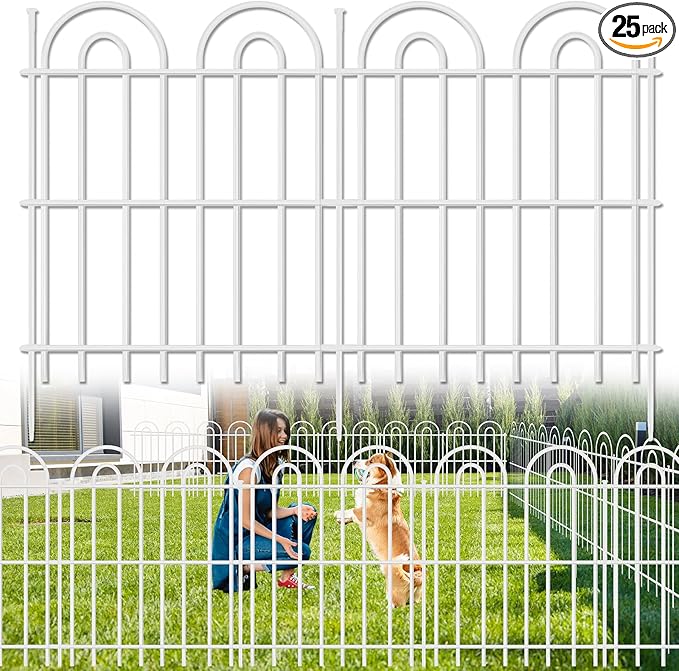 25 Panels Decorative Garden Fence, 32 in(H) X 50 ft(L) No Dig Dog Fence Outdoor for Yard, Rustproof Tall Metal Garden Fencing Animal Barrier with Ground Stakes, Temporary Fencing for Patio, White