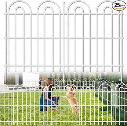 25 Panels Decorative Garden Fence, 32 in(H) X 50 ft(L) No Dig Dog Fence Outdoor for Yard, Rustproof Tall Metal Garden Fencing Animal Barrier with Ground Stakes, Temporary Fencing for Patio, White