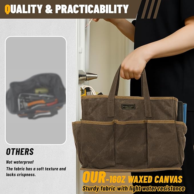 16OZ Waxed Canvas Tool Tote Bag for Garden Tools Wrench Set & Screwdrivers | 11-Pocket Garden Tool Bag with Portable Handles, Multi-Purpose Tool Storage Organizer (14"L x 5.5"W x 10.5"H) – Grey