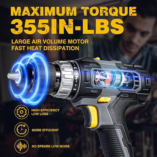 RIDA Cordless Drill Power Drill Cordless 20V 1/2'' Keyless Metal Chuck 355 In-lb(40N.m) Torque with 2.0AH Li-ion Battery & Fast Charger, Variable Speed, 25+1 Position and 22pcs Bits