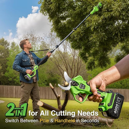2-in-1 Electric Pruning Shears Cordless: 1.6" Cutting Diameter Brushless Pole Pruner - 2 x 4.0Ah Batteries, Extra SK5 Blade, 4 Cutting Modes Branches Cutter for Flower Tree Trimming