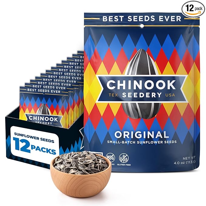 Chinook Seedery Roasted Jumbo Sunflower Seeds - Keto Snacks, Gluten-Free, Non-GMO, Original Flavor 4 oz (12-Pack)