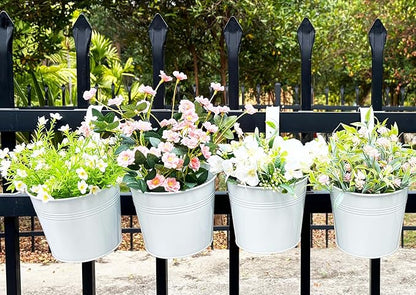 Pack of 4 Hanging Flower Pots, 6" White Metal Balcony Planters for Herb Succulent, Samll Railing Fence Hanging Bucket for Outdoor/Indoor Decoration (White, Pack of 4)