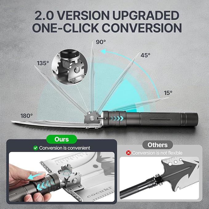 Camping Shovel Survival Kit, 2.0 Version One-Click Conversion Military Grade Multifunctional Folding Tactical Shovel with Titanium Backpacing Trowel for Camping, Emergency, Gardening, Hiking