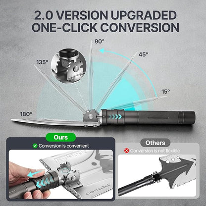 Camping Shovel Survival Kit, 2.0 Version One-Click Conversion Military Grade Multifunctional Folding Tactical Shovel with Titanium Backpacing Trowel for Camping, Emergency, Gardening, Hiking