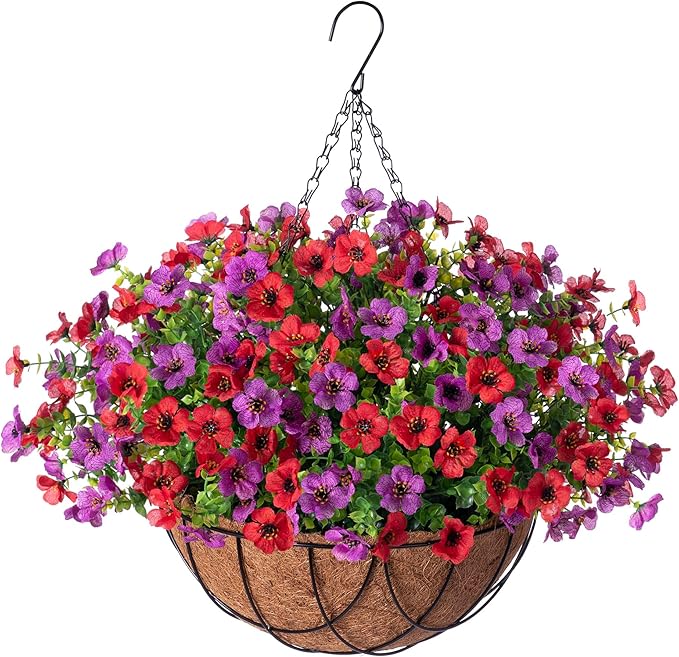Artificial Silk Flowers Hanging Basket for Outdoor Indoor, Daisy with Eucalyptus Leaves Arrangement for Garden Yard Spring Summer Decor, Faux Green Plant in Metal Coconut Lining Pot(Red Purple)