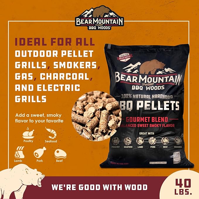 Bear Mountain All Natural Wood Pellets for Smoker, Grill & BBQ, 40 Lbs, Gourmet Blend - Premium Hardwood Barbecue Pellets for Indoor and Outdoor Grilling