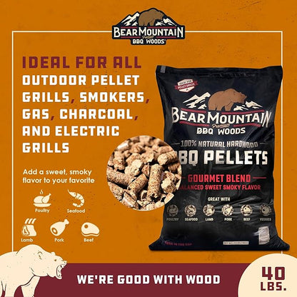 Bear Mountain All Natural Wood Pellets for Smoker, Grill & BBQ, 40 Lbs, Gourmet Blend - Premium Hardwood Barbecue Pellets for Indoor and Outdoor Grilling