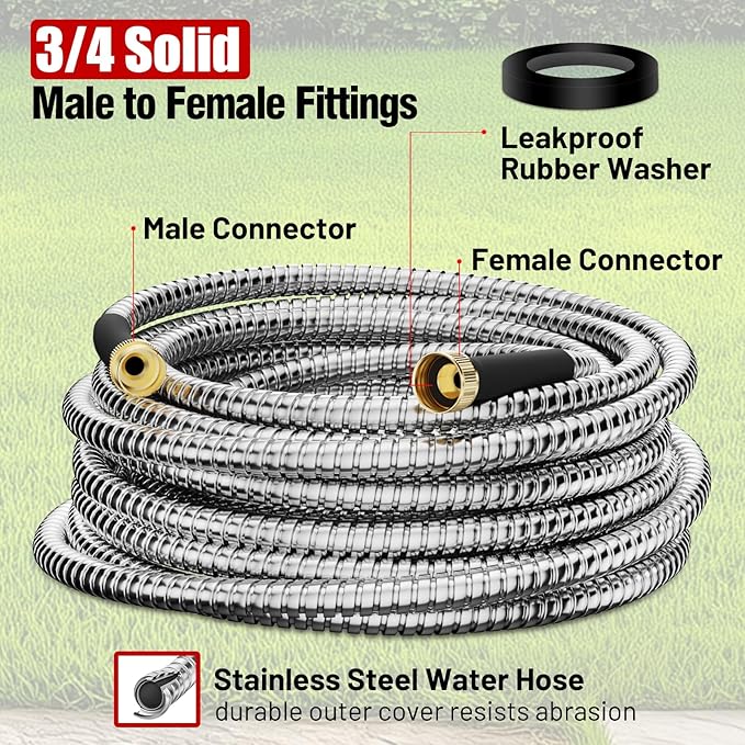 Short Garden Hose 3 ft, Male to Female Heavy Duty Stainless Steel Small Water Hose Extende Connector, Flexible No Kinks, Leakproof 3/4 in Fittings, Lightweight Metal Leader Hose,MBT3S Model
