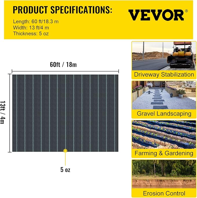 Happybuy Driveway Fabric, 13x60ft Commercial Grade Landscape Fabric, Garden Weed Barrier Fabric Heavy Duty, Geotextile Fabric Underlayment Gravel, Ground Cover Drainage Fabric, Weed Mat Cloth