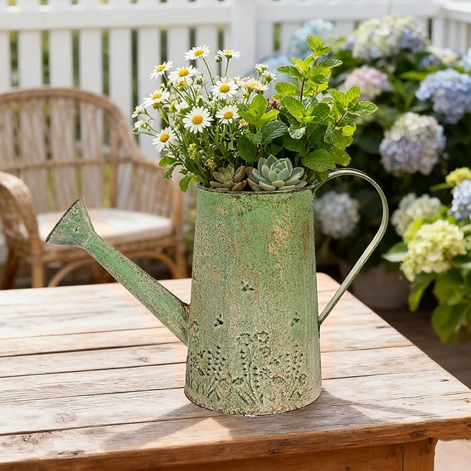 Vintage Green Metal Watering Can, Functional Garden Waterer with Floral Embossed for Indoor Outdoor Plant Care, Rustic Decor for Home Garden Patio