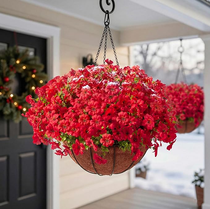 Hananona 24 Pcs Artficial Outdoor Flowers with Hanging Baskets, 2 Pack Hanging Planter with Red Outdoor Spring Flowers for Christmas Porch Home Patio Yard Decor (2, Red)