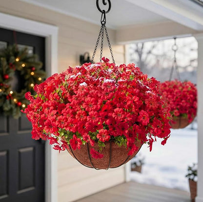 Hananona 24 Pcs Artficial Outdoor Flowers with Hanging Baskets, 2 Pack Hanging Planter with Red Outdoor Spring Flowers for Christmas Porch Home Patio Yard Decor (2, Red)