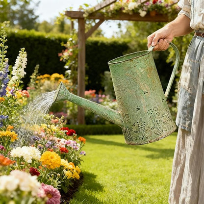 Vintage Green Metal Watering Can, Functional Garden Waterer with Floral Embossed for Indoor Outdoor Plant Care, Rustic Decor for Home Garden Patio