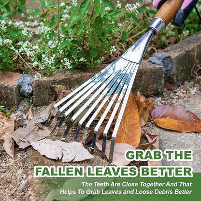 Haliaeetus Garden Hand Rake, 14.6'' Small Rake for Tight Areas, 9 Tines Stainless Steel with Ergonomic Wood Handle for Clearing Leaves and Loose Debris