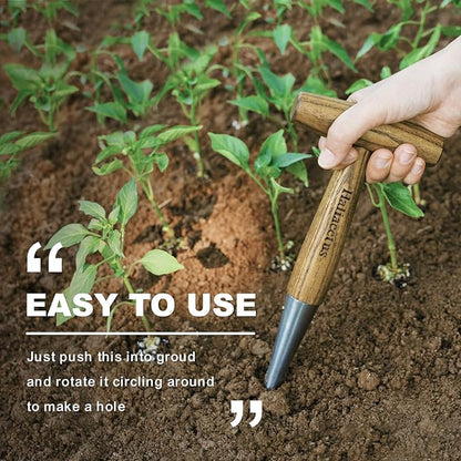 Haliaeetus Dibber Garden Tool, Stamped Stainless Steel Tip Seed Dibber, Smooth Splinter-Free T-Shape Wood Handle Dibbler with Comfortable Grip, 11'' Dibber for Planting Seed and Transplanting Seedling