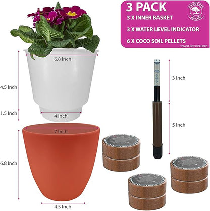 GARDENIX DECOR Self Watering Pots for Indoor Plants 3 Pack - Flower Pot with Water Level Indicator for Plants, Grow Tracking Tool - Self Watering Planter Plant Pot - Coco Coir - Terracota