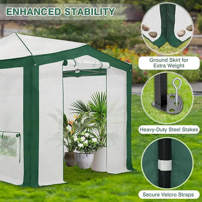 EAGLE PEAK 12x8 Portable Walk in Greenhouse with Polyester Reinforced Corners, Instant Pop up Indoor Outdoor Gardening Green House, Roll Up Zipper Doors Mesh Windows & Winter Support Pole, Green/White