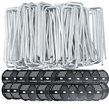 Finderomend 100 Pack Landscape Staples and 100 Pack Gaskets,11 Gauge 12" Galvanized Steel Garden Staples with Black Pads Turf Staples for Weed Barrier Grass