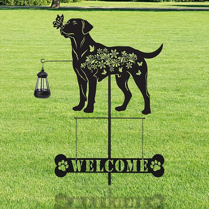 Labrador Metal Garden Stakes Yard Decor with a Lantern, Black Labrador Silhouette Statues Garden Decorative Gifts for Yard Art, Patio, Outside, Lawn Ornaments, Christmas, Backyard