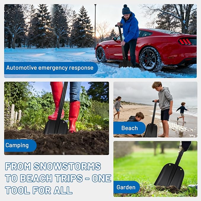 Snow Shovel & Ice Scraper Set – 32in Collapsible Snow Shovel with Folding Aluminum Shaft, Compact Heavy Duty 75lb Shovel + Silicone Ice Scraper with EVA Handle for Car, Travel & Outdoor Winter Use