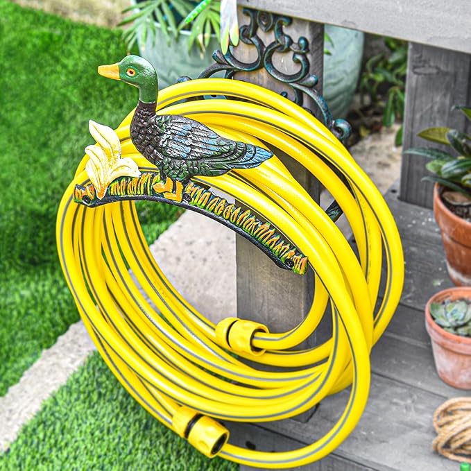 Sungmor Heavy Duty Cast Iron Garden Hose Holder | Water Hose Hanger Wall Mounted | Decorative Indoor Outdoor Hose Rack Reel | 50FT 75FT 100FT Water Hose Bulter Storage | Lovely Duck Metal Hose Stand