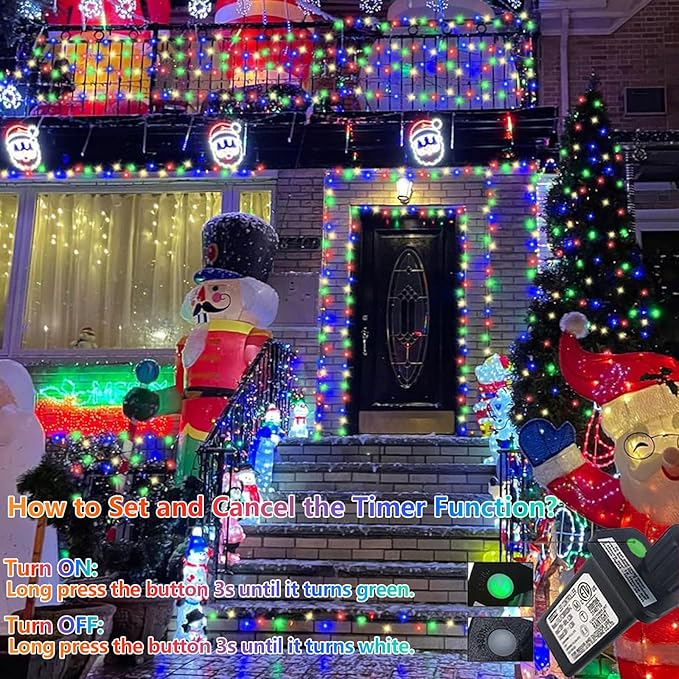 YEGUO 66ft 200 LED Christmas Light Outdoor Waterproof, 8 Modes String Lights Multicolor, Green Wire Twinkle Tree Light Plug in with Timer Memory
