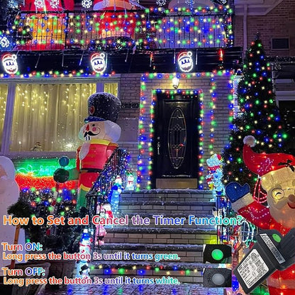 YEGUO 66ft 200 LED Christmas Light Outdoor Waterproof, 8 Modes String Lights Multicolor, Green Wire Twinkle Tree Light Plug in with Timer Memory