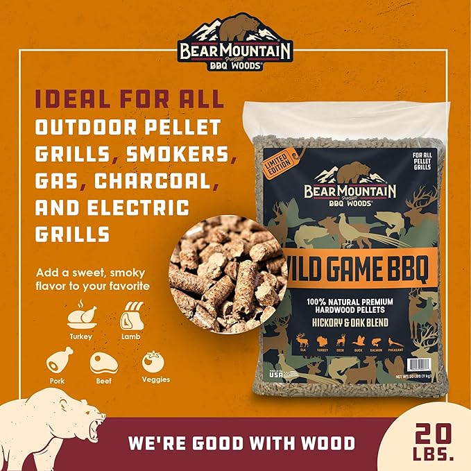 Bear Mountain Wild Game BBQ, Hickory and Oak Blend Smoker Pellets, 20 Pounds