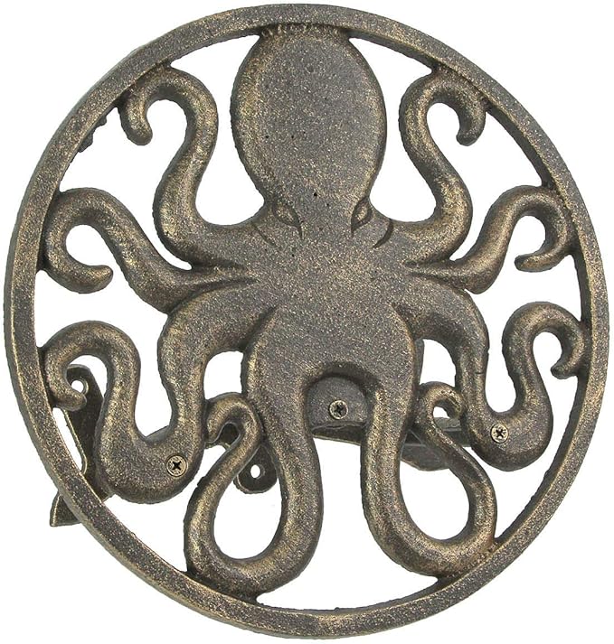 Cast Iron 12 inch Octopus Decorative Wall Mounted Hanging Garden Hose Hanger Bronze Finish - 125 ft Hose Holder Capacity - Nautical Sea Life Outdoor Décor