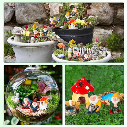 Unittype 19 Pcs Gnome Garden Accessories Tiny Fairy Gnome Figurines Miniature Bridge Mushroom Lighthouse Water Well Pond Resin Garden Decorations Miniature Figurines for Craft