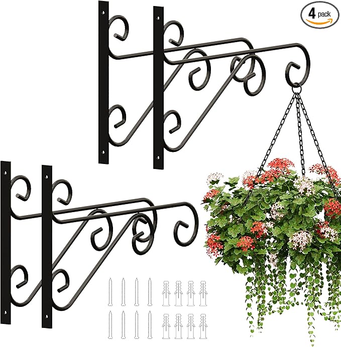 4 Pack 16 Inch Plant Hangers Outdoor Bracket, Indoor Wall Mount Metal Heavy Duty Rust-Resistant Bird Feeder Plant Hooks for Hanging Planters, Flower Baskets, Black