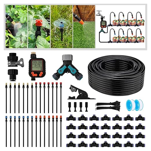 Drip Irrigation Kit - 100 FT. Hose Sprinkler System with 360° nozzles and T-connectors for Gardens, lawns, Plants, Flower beds, Trees, patios and hydroponics (28 nozzles + 28 connectors)