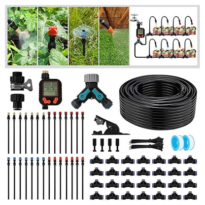 Drip Irrigation Kit - 100 FT. Hose Sprinkler System with 360° nozzles and T-connectors for Gardens, lawns, Plants, Flower beds, Trees, patios and hydroponics (28 nozzles + 28 connectors)
