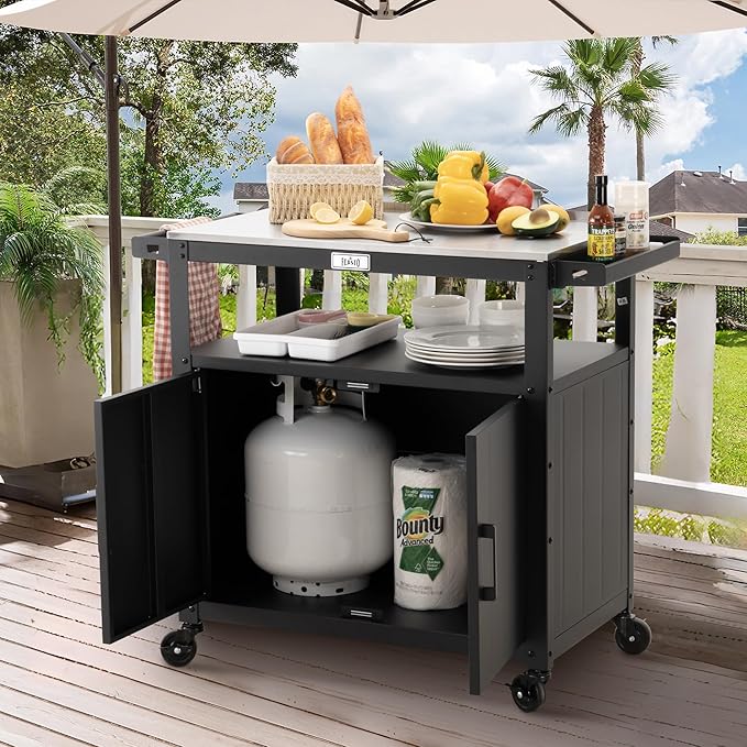 Outdoor Grill Cart with Stainless Steel Tabletop and Storage Cabinet, Movable Kitchen Island with Wheels for BBQ Food Prep, Black