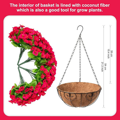 Artificial Hanging Flower Plants with Basket for Outdoor Decoration, Faux Petunias Flowers Fake Morning Glory Planter for Outside Patio Garden Porch Balcony Yard Decor(Rose Red)
