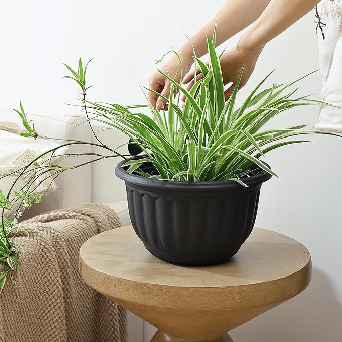 YIKUSH Planters for Outdoor Plants 2 Pack Black Plant Pots with Drainage Hole and Absorbing Tray Hanging Planters for Indoor Plants (12 inch, 3 Hooks)