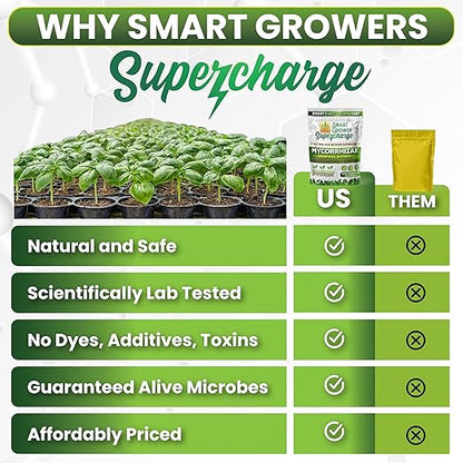 Mycorrhizal Fungi with Beneficial Bacteria, Trichoderma, Sea Kelp, Molasses, Yucca, Smart Grower Supercharge Plant Root Enhancer 2oz Super Concentrate Powder Makes 25 Gallons