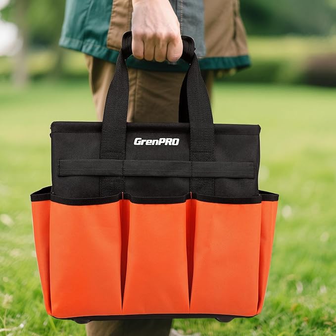Garden Tool Bag Organizer, Heavy Duty Gardening Tote Toolbox with 10 Pockets, Adjustable Shoulder Strap, Standable & Foldable for Tool Storage, Home Garden Kit, Orange (Tools Not Included)