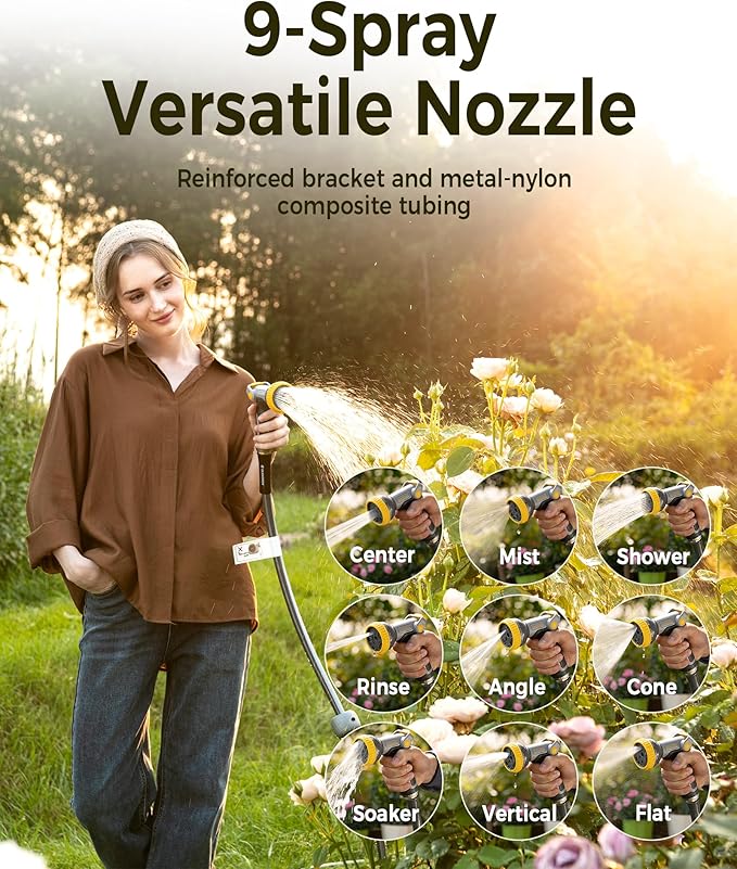 Retractable Garden Hose Reel 5/8 in x 75 ft Upgraded UV Resistant Heavy Duty Automatic Hose Reel Wall Mount 3/4 in Brass Fitting 9 Pattern Nozzle Any Length Lock Slow Retraction 180° Swivel