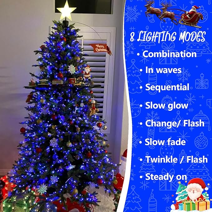 YEGUO 66ft 200 LED Blue Christmas Lights Outdoor Waterproof, Green Wire String Lights Indoor, Twinkle Tree Lights Plug in with Memory Timer
