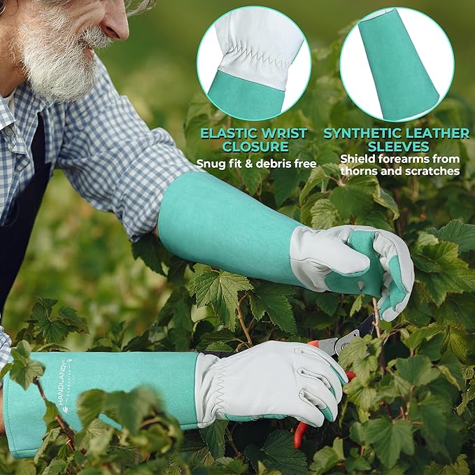 HANDLANDY Long Gardening Gloves for Men Women, Thorn Proof Rose Pruning Leather Garden Yard Gauntlet Glove, Gardening Gifts