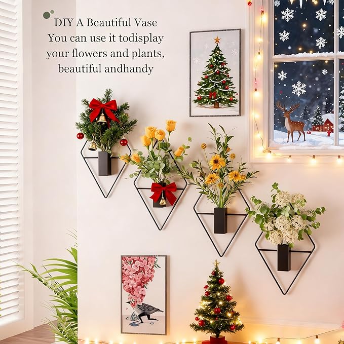 Cute Set of 2 Small Wall Hanging Planters, 10x5 Inch Mini Geometric Wall Vase with Artificial Plants, Compact Boho Farmhouse Decor for Bathroom, Living Room, Bedroom, Office (Black)