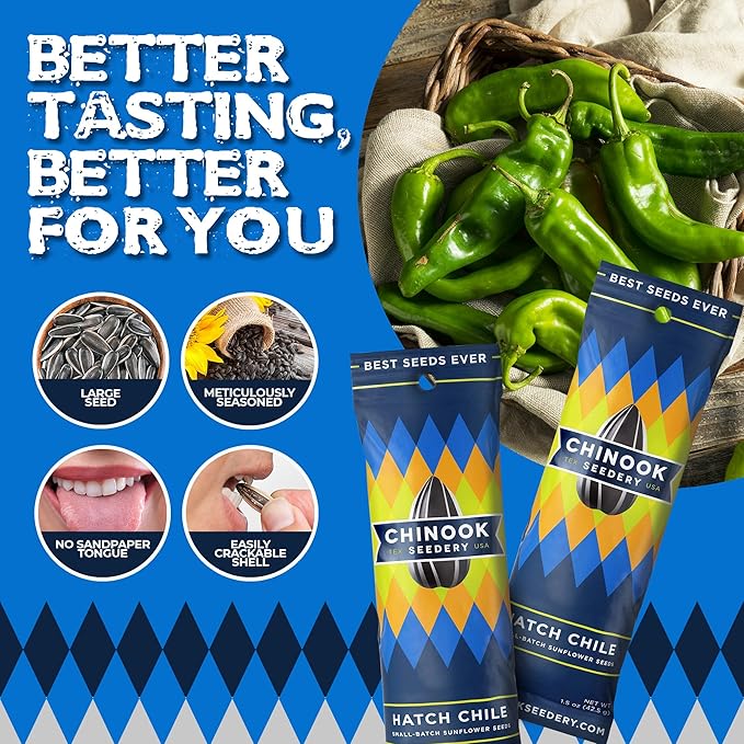 Chinook Seedery Low Sodium Sunflower Seeds – Hatch Chile Flavor, Pack of 36, 1.5oz – Sunflower Seeds to Eat – Keto, Jumbo, Roasted, Baseball Snacks