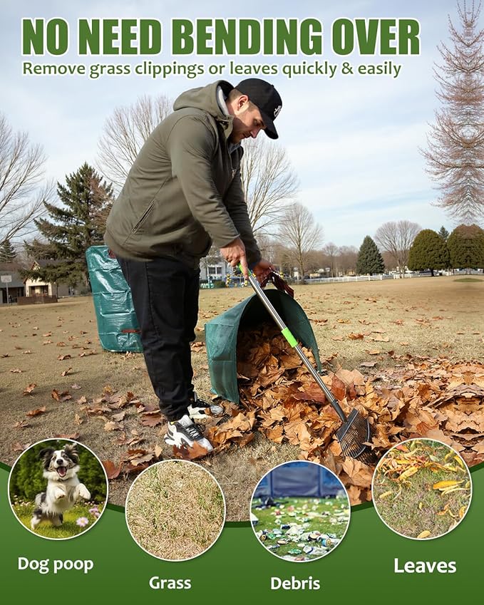 Joyhalo 65 Inch Rake for Leaves with 40 Gallon Dustpan-Typ Leaf Bags, 25 Tines Metal Leaf Rake Set for Gardening Lawns Yard Outdoor Camping Shrub Grass Bush Grass Clippings