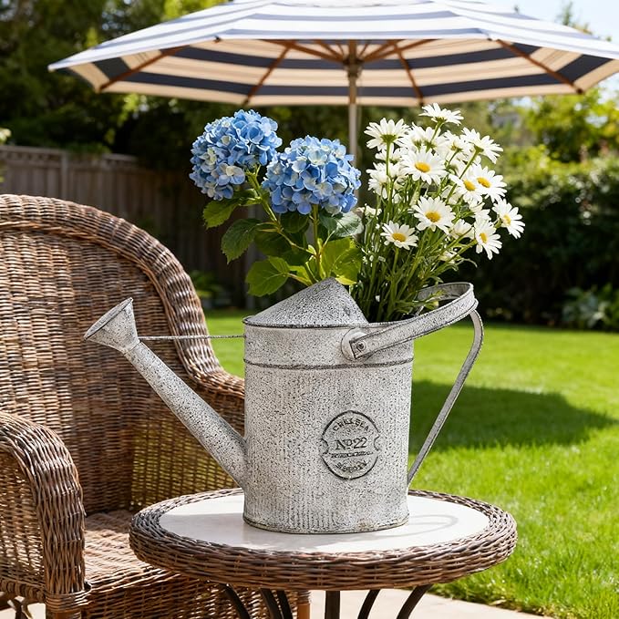 Vintage Galvanized Metal Watering Can - Rustic Farmhouse Design Watering Pot, Garden Decorative Planter for Home Patio Outdoor Wedding Party Decor