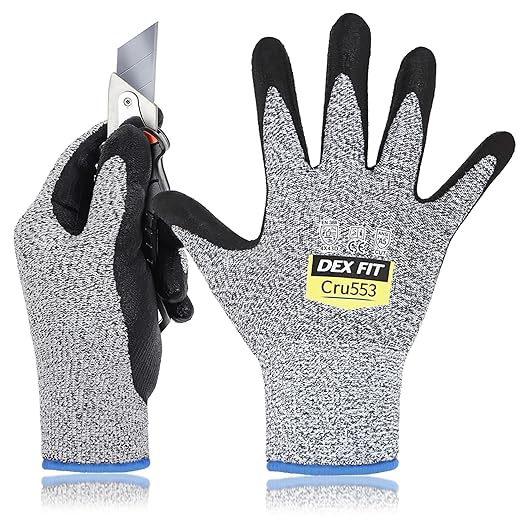 DEX FIT Level 5 Cut Resistant Gloves Cru553, 3D-Comfort Fit, Firm Grip, Thin & Lightweight, Touch-Screen Compatible, Durable, Breathable & Cool, Machine Washable; Grey L (9) 1 Pair