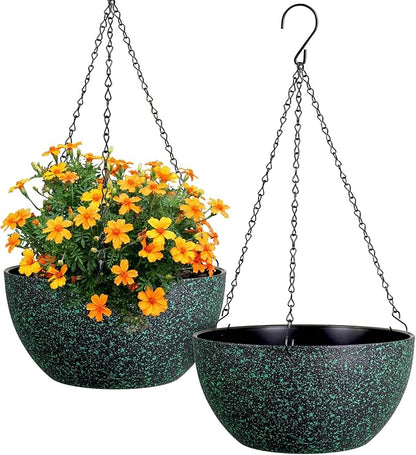 12 inch Large Hanging Planters for Indoor Outdoor Plants, 2 Pack Hanging Flower Pots with Drainage Holes and Chain, Plastic Hanging Baskets for House Plants, Black with Green Speckles
