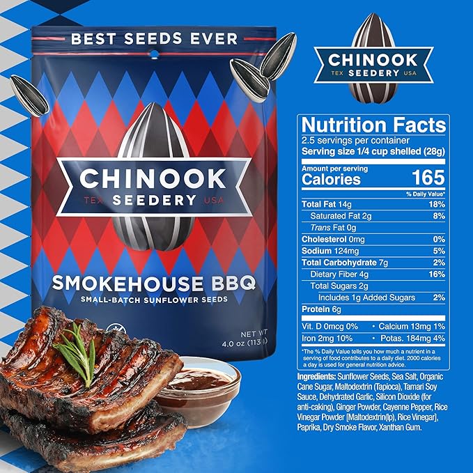 Chinook Seedery Roasted Sunflower Seeds - Jumbo Seeds Keto Snacks - Best For Snack Packs - Gluten Free, Non GMO Snack Food Gifts - 4 Ounce (Pack of 3) - Smokehouse BBQ Flavor Pack