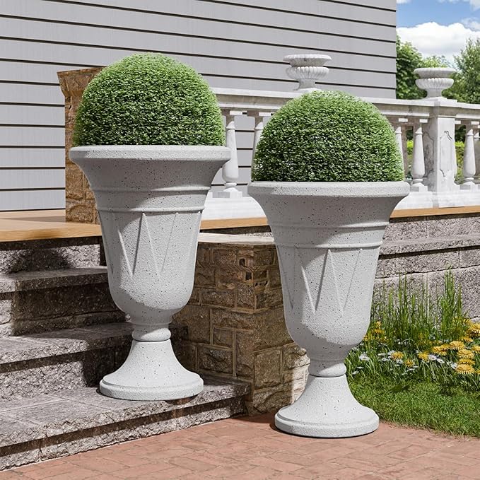 Tall Plastic Urn Planters for Outdoor Plants Set of 2-23.6" H Classic Trophy Design Indoor Large Flower Pots with Drainage Holes, Outdoor Planters for Porch Decor/Garden Vase, White